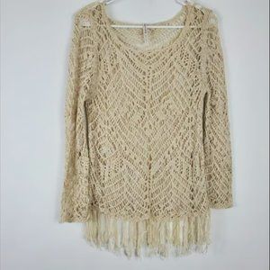 Rachel Roy Open Knit Top Womens Size M Cream Ivory Long Sleeve Tassel Bottom